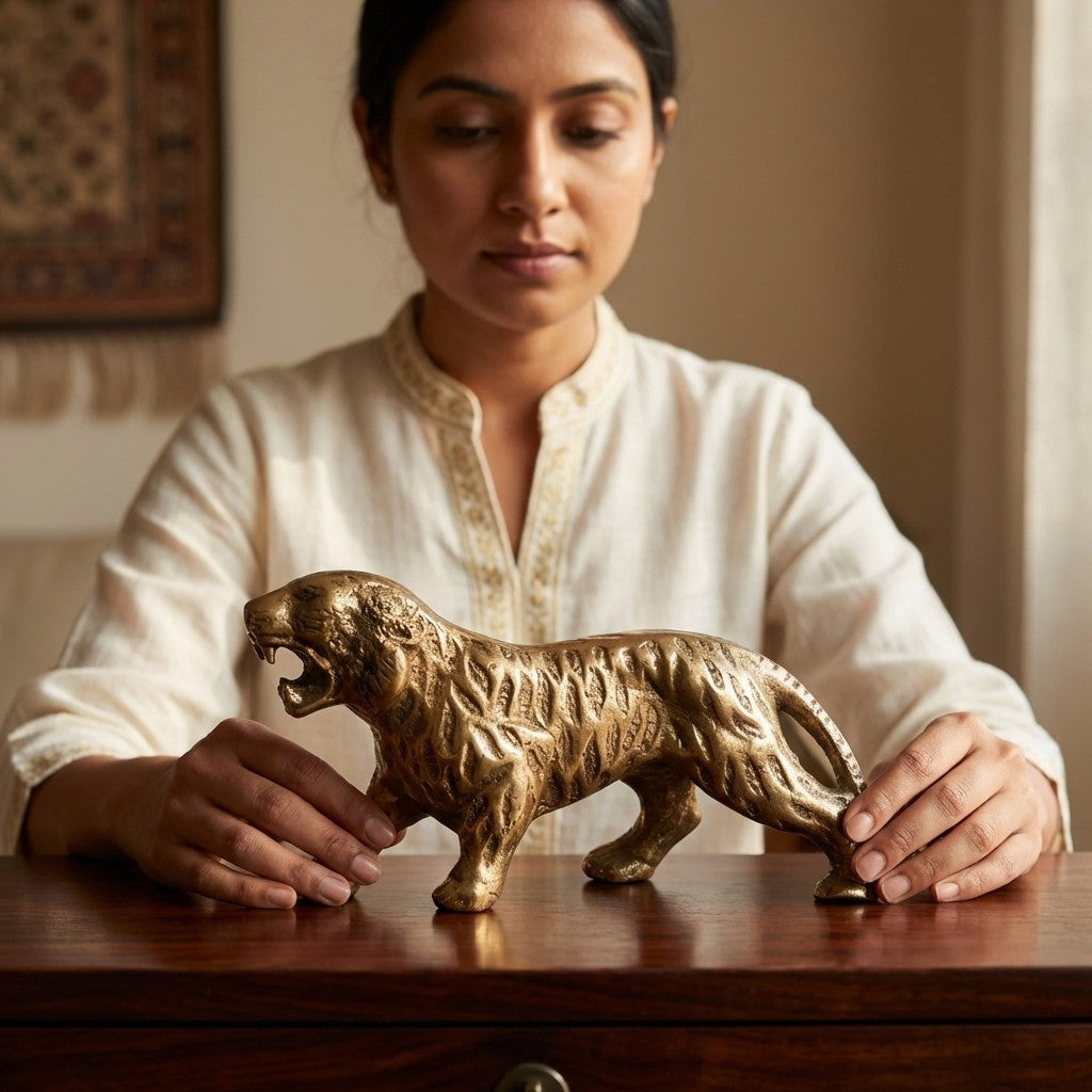 Svarn Studio pure brass tiger showpiece handcrafted prowling tiger figurine antique finish home decor gifting