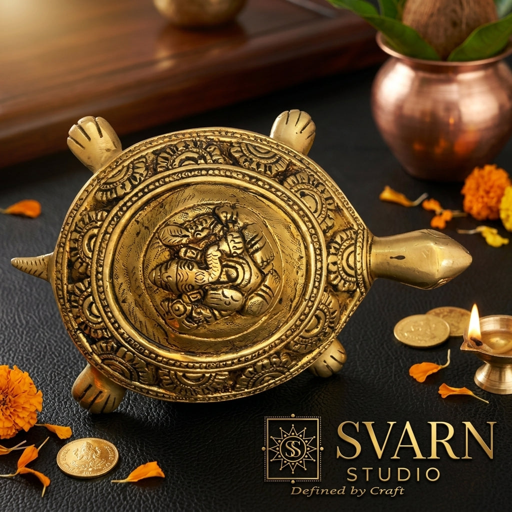 Svarn Studio Brass Tortoise with Ganesha, Handcrafted Vastu Idol