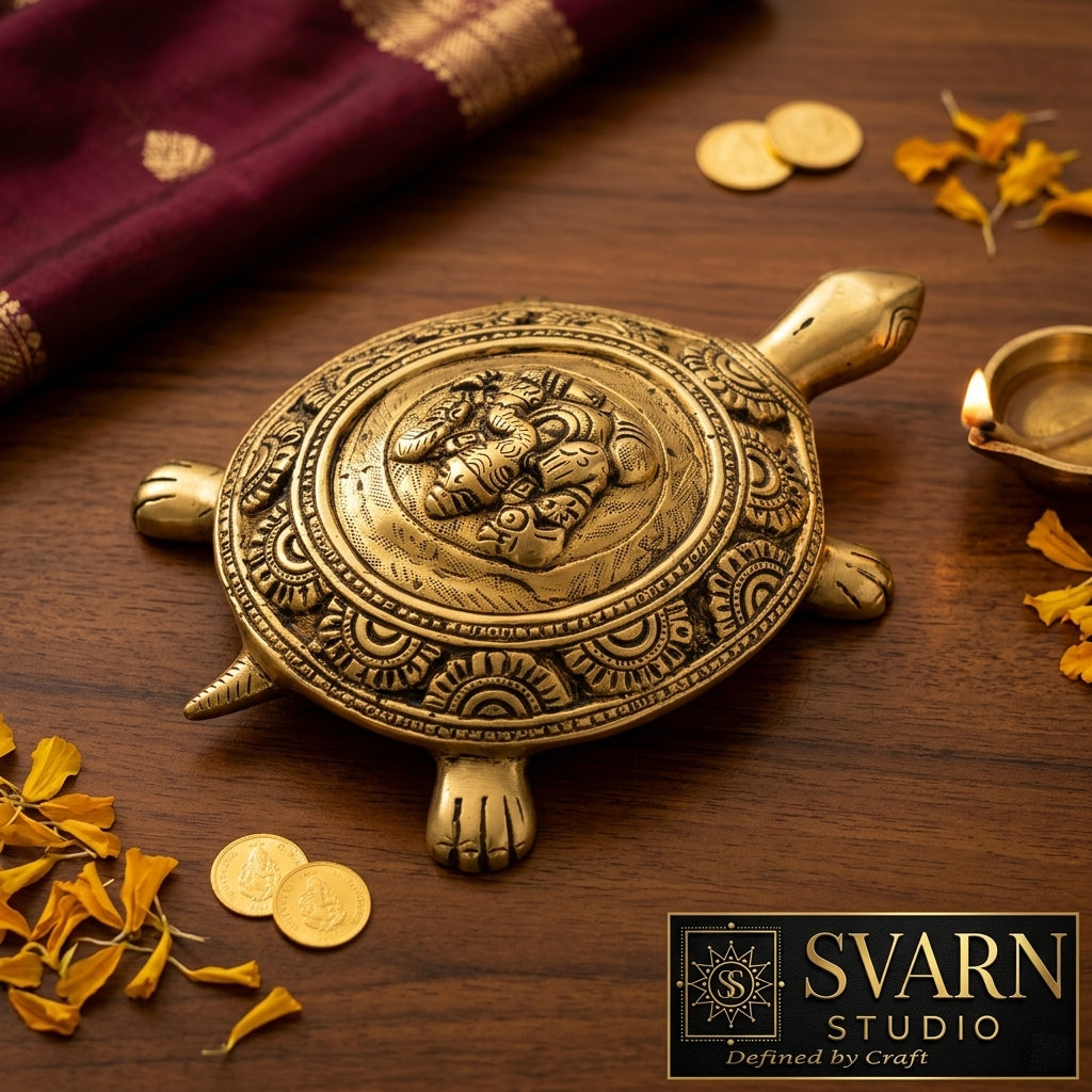 Svarn Studio Brass Tortoise with Ganesha, Handcrafted Vastu Idol