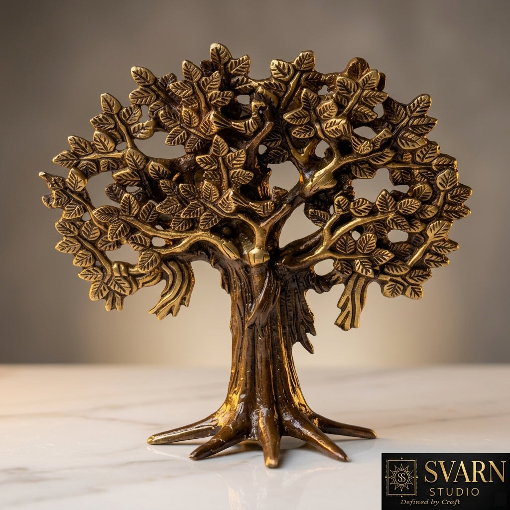 Svarn Studio Brass Kalpavriksha | Wish-Fulfilling Tree | Antique Gold Showpiece, Height 10.5 inch Premium Collection