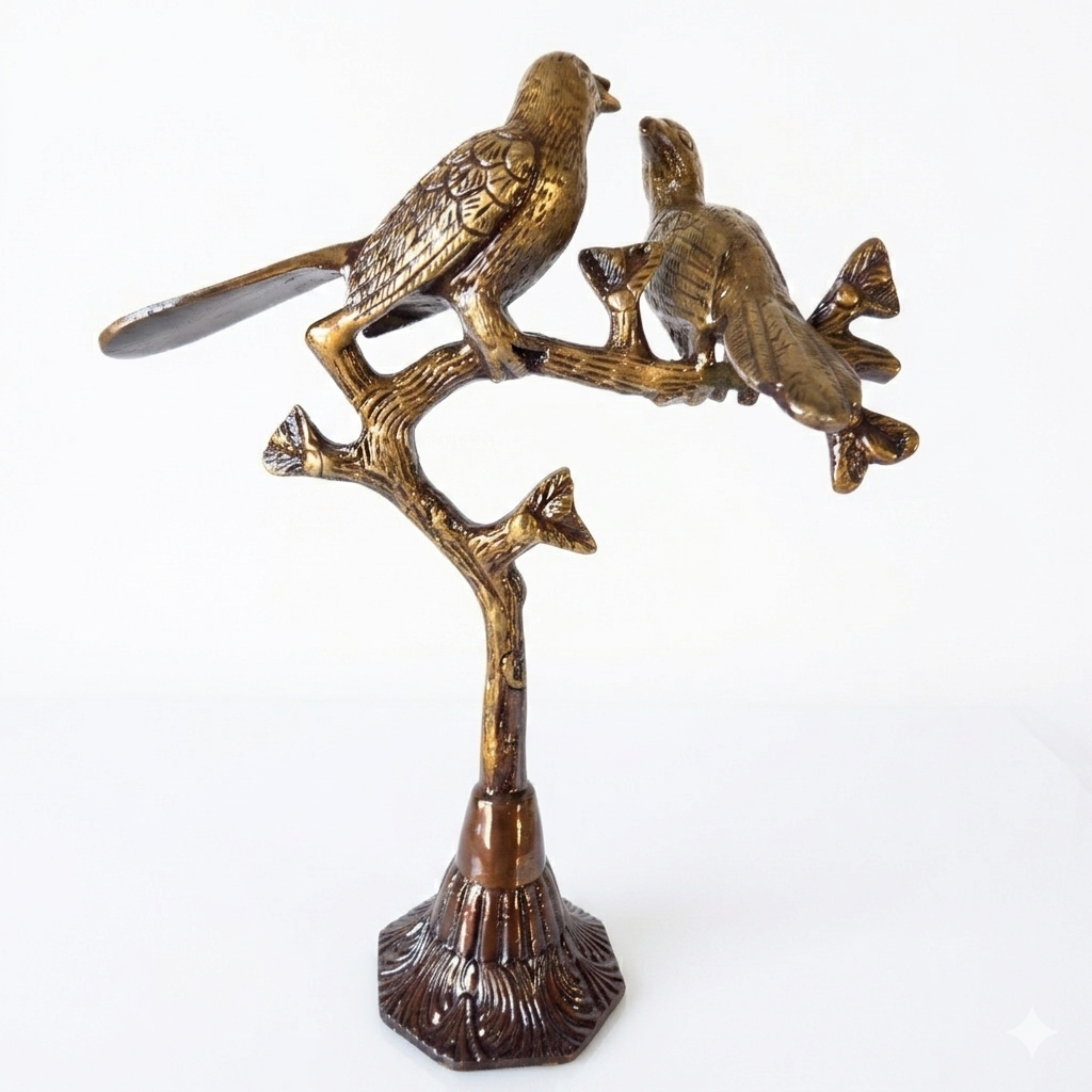 Svarn Studio Handcrafted Brass Love Birds on Tree Showpiece — 10 Inch Decorative Figurine for Home Décor, Gold Finish, 1.07 Kg