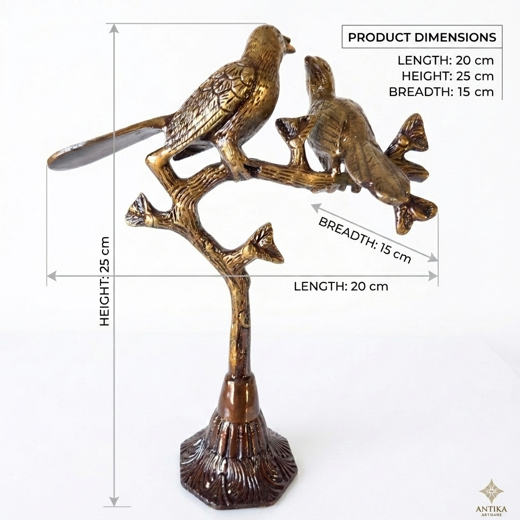 Svarn Studio Handcrafted Brass Love Birds on Tree Showpiece — 10 Inch Decorative Figurine for Home Décor, Gold Finish, 1.07 Kg