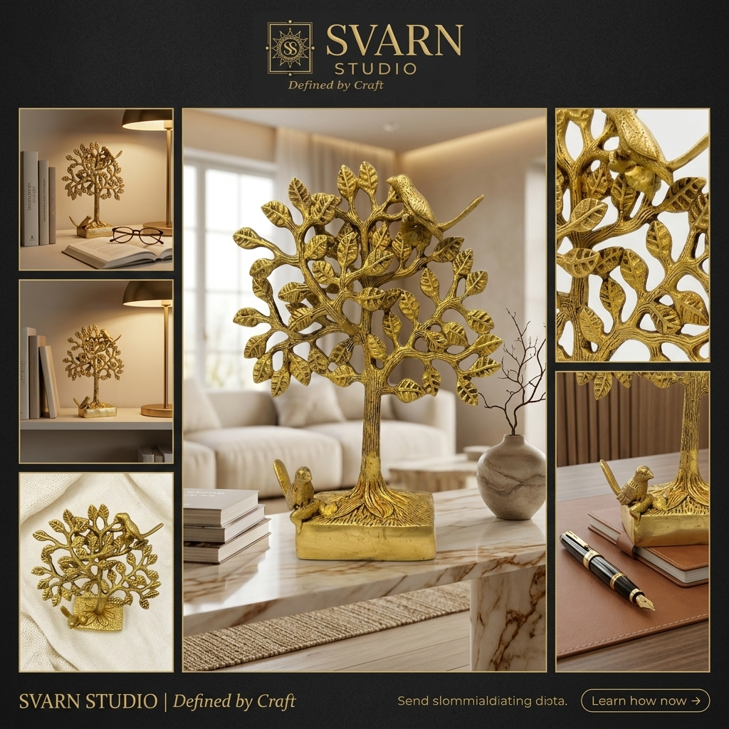 Svarn Studio Brass Tree with Stand - Lifestyle collage in living room and study settings