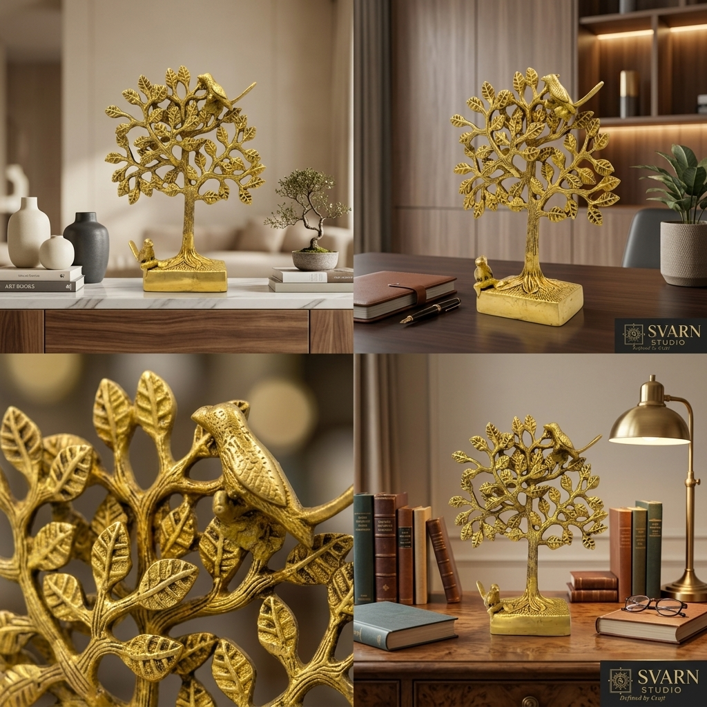 Svarn Studio Brass Tree with Stand - Side angle view showing depth and base detail