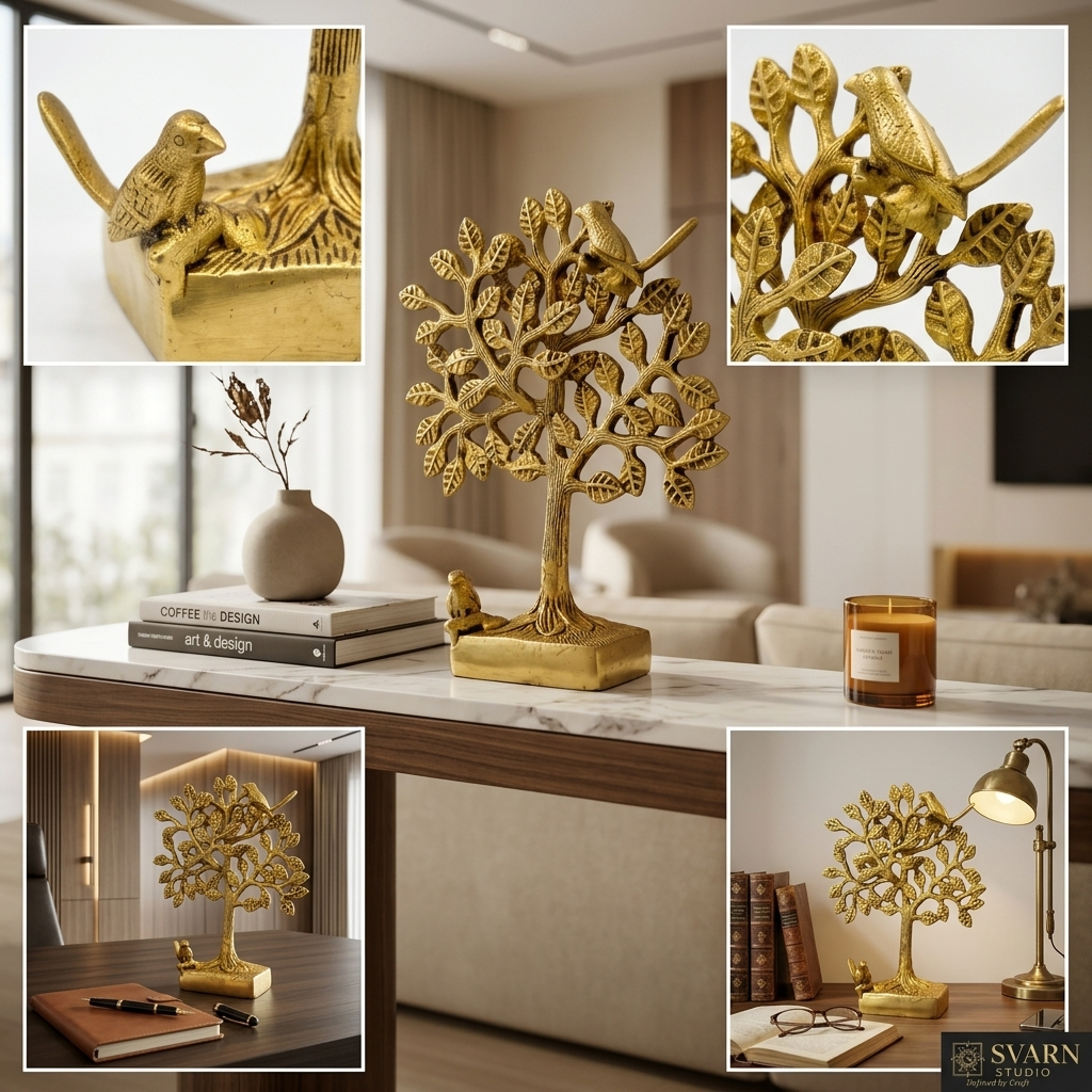Svarn Studio Brass Tree with Stand - Angled view showing intricate leaf and bird detailing