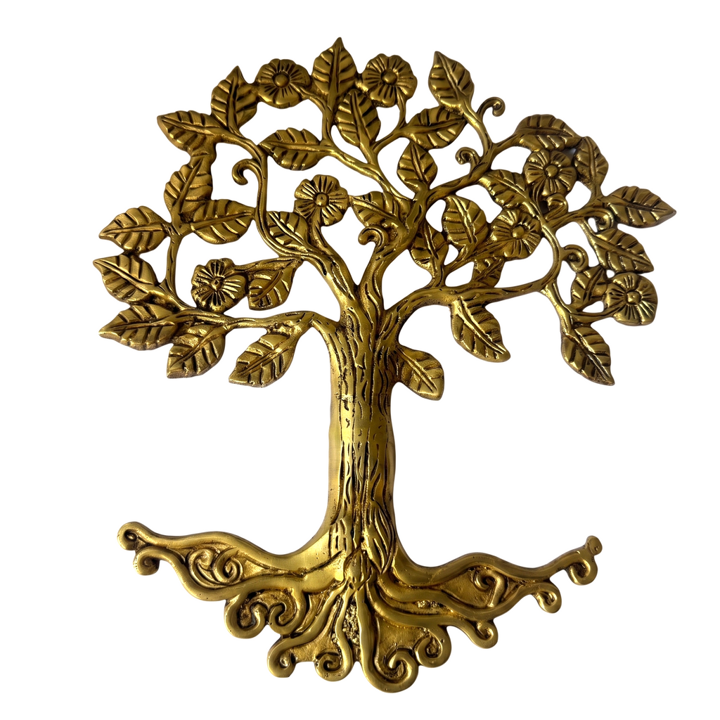 Svarn Studio Brass Tree of Life Wall Decor - Living Room lifestyle on dark wood panelled feature wall with warm cove lighting, marble console, white vases and Svarn Studio books