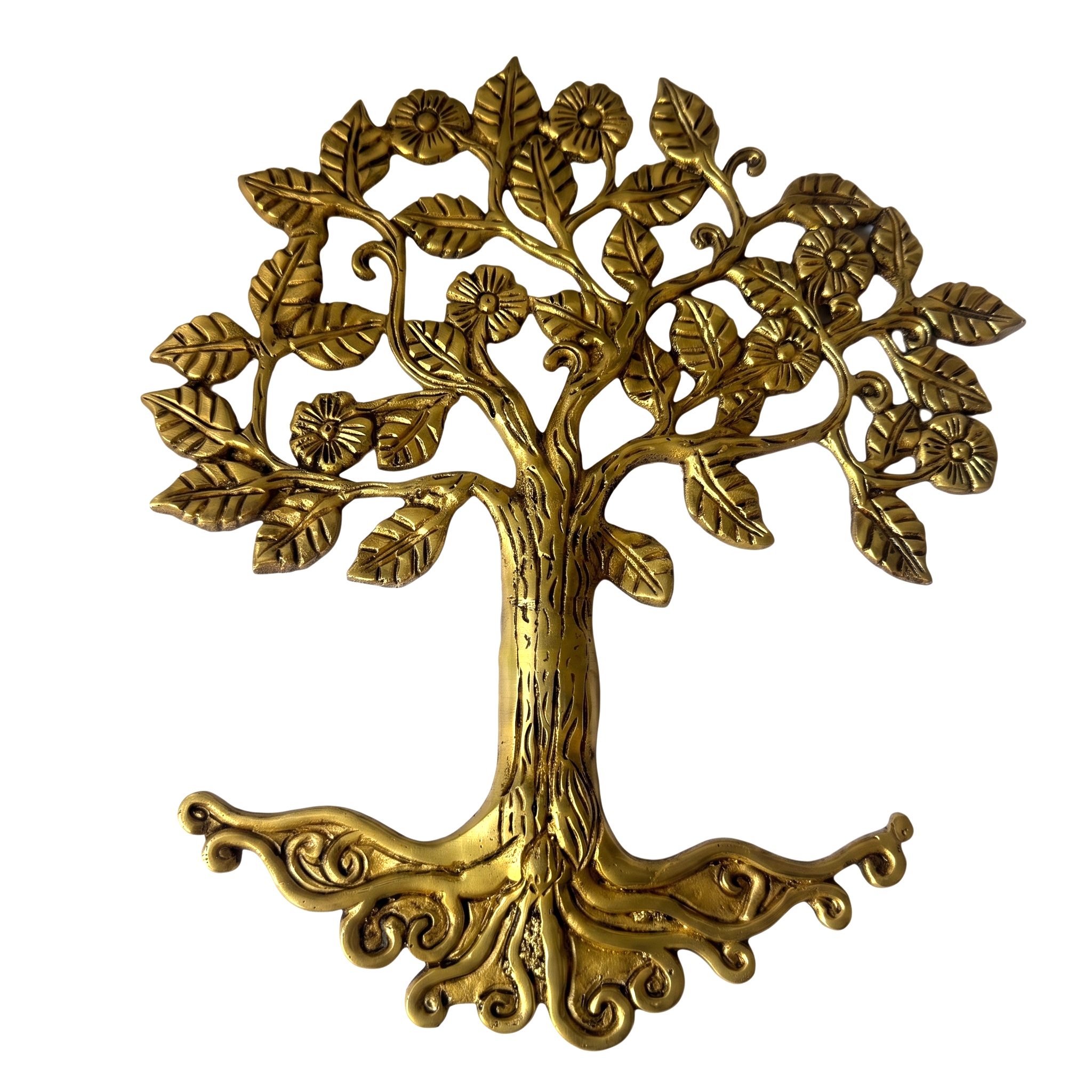 Svarn Studio Brass Tree of Life Wall Decor - Living Room lifestyle on dark wood panelled feature wall with warm cove lighting, marble console, white vases and Svarn Studio books