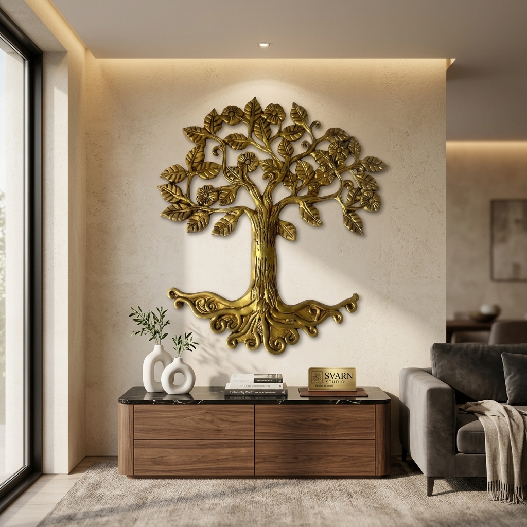 Svarn Studio Brass Tree of Life - Three-panel lifestyle collage: Living Room sideboard with lamp, Executive Office behind leather chair desk, Dining Room with marble table and chandelier