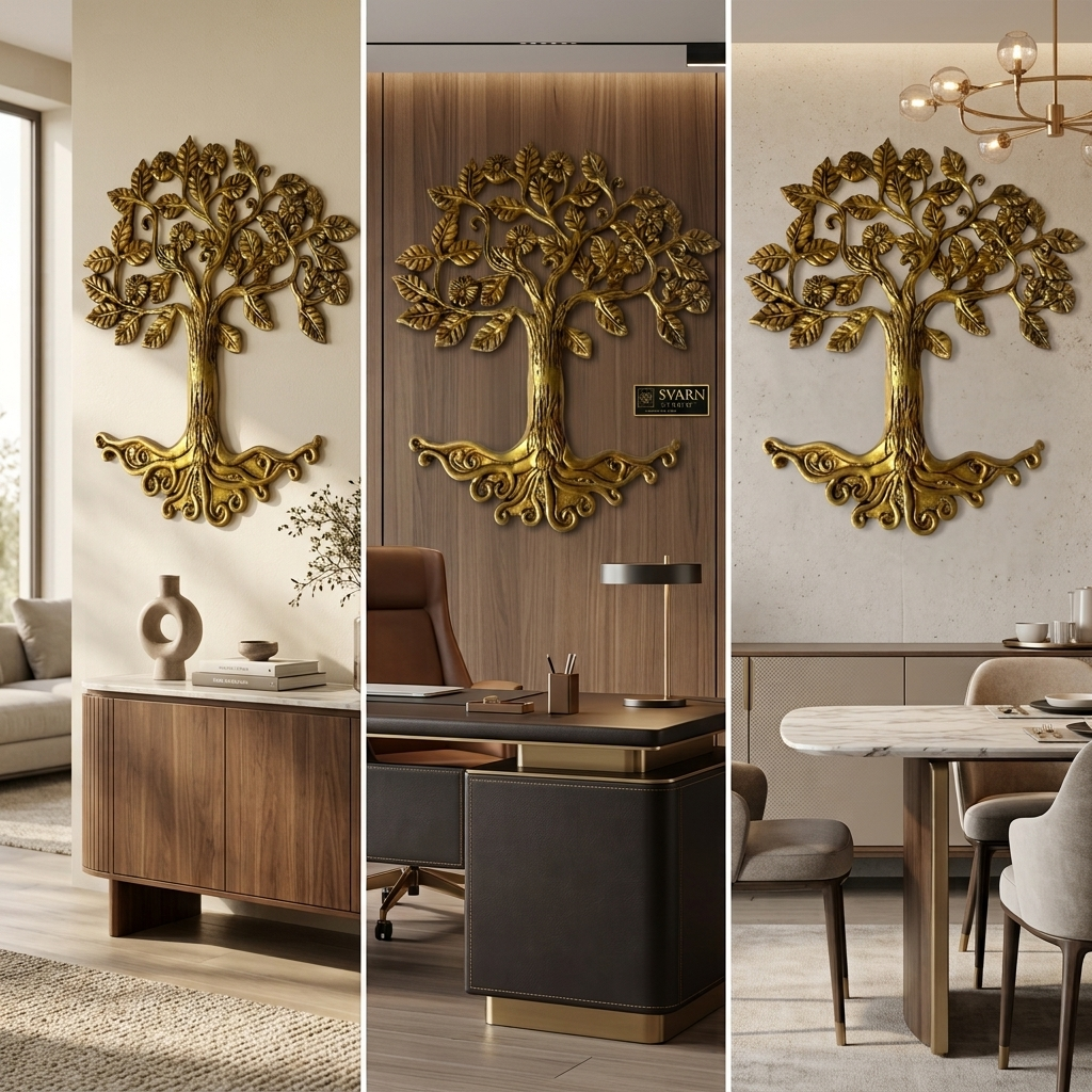 Svarn Studio Brass Tree of Life - Three-panel lifestyle: Living Room console with vase, Executive Office CEO desk with Svarn Studio branding, Dining Room with marble table