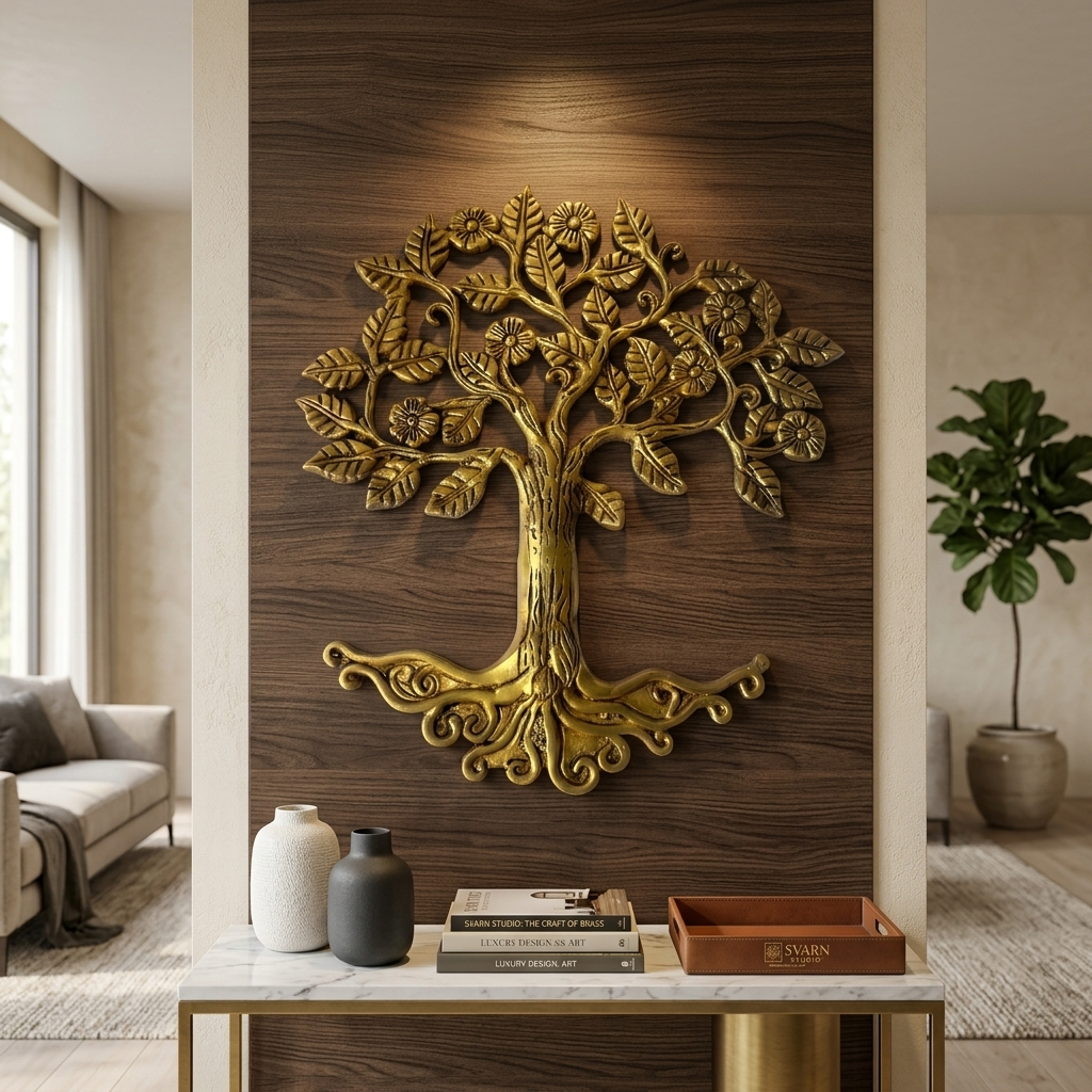 Svarn Studio Brass Tree of Life - Product front view on white background showing full canopy of individually sculpted leaves and daisy-sunflower blooms, textured bark trunk and ornate scrollwork roots