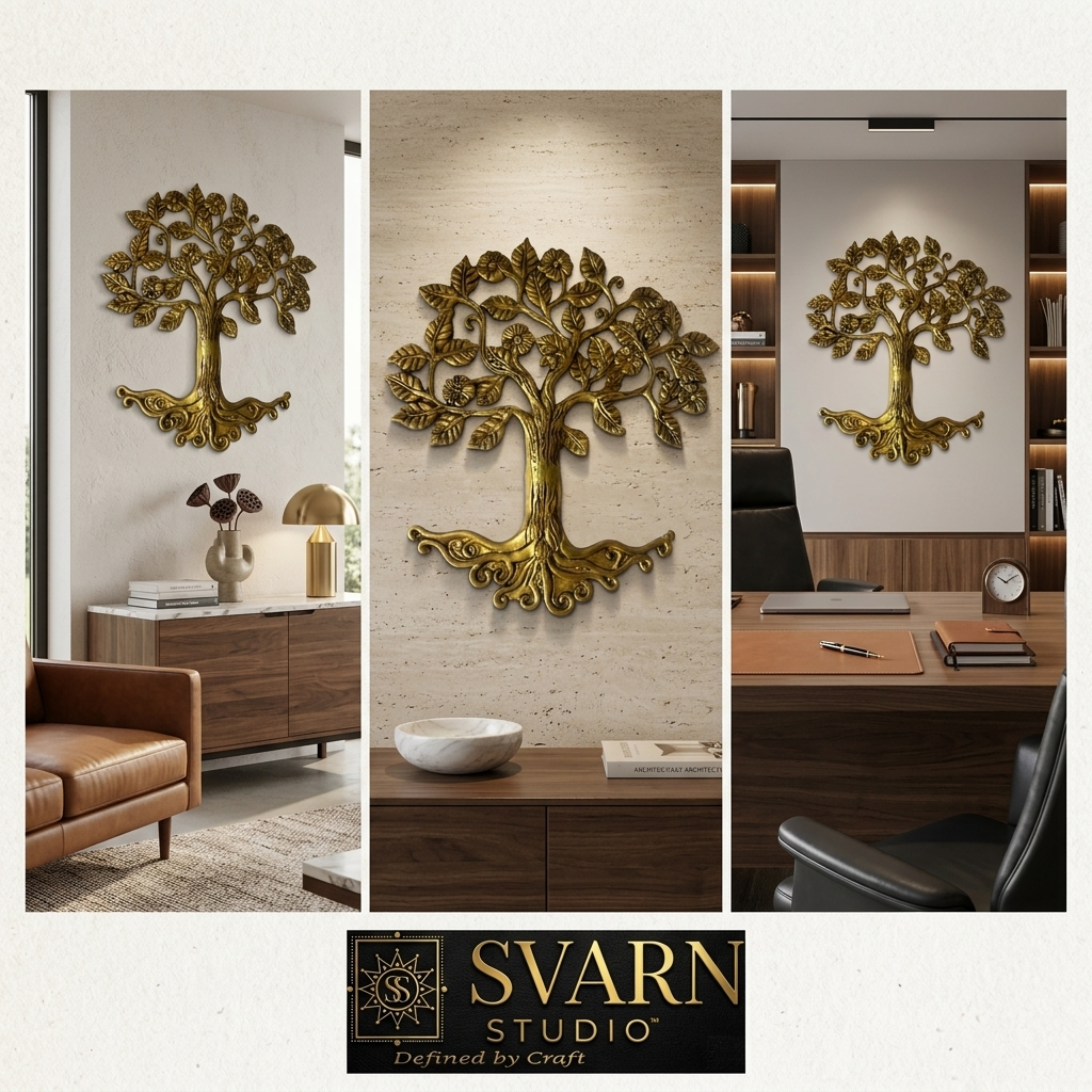 Svarn Studio Brass Tree of Life - Living Room lifestyle on beige plaster wall with warm recessed lighting, dark wood sideboard and Svarn Studio branding