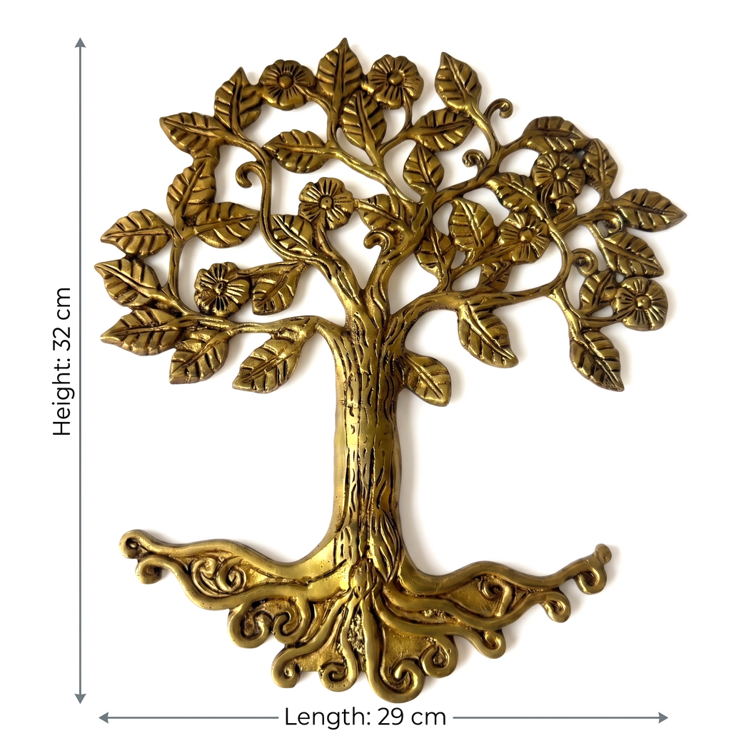 Svarn Studio Brass Tree of Life - Dimensions: Height 32cm, Length 29cm on white background showing full product detail