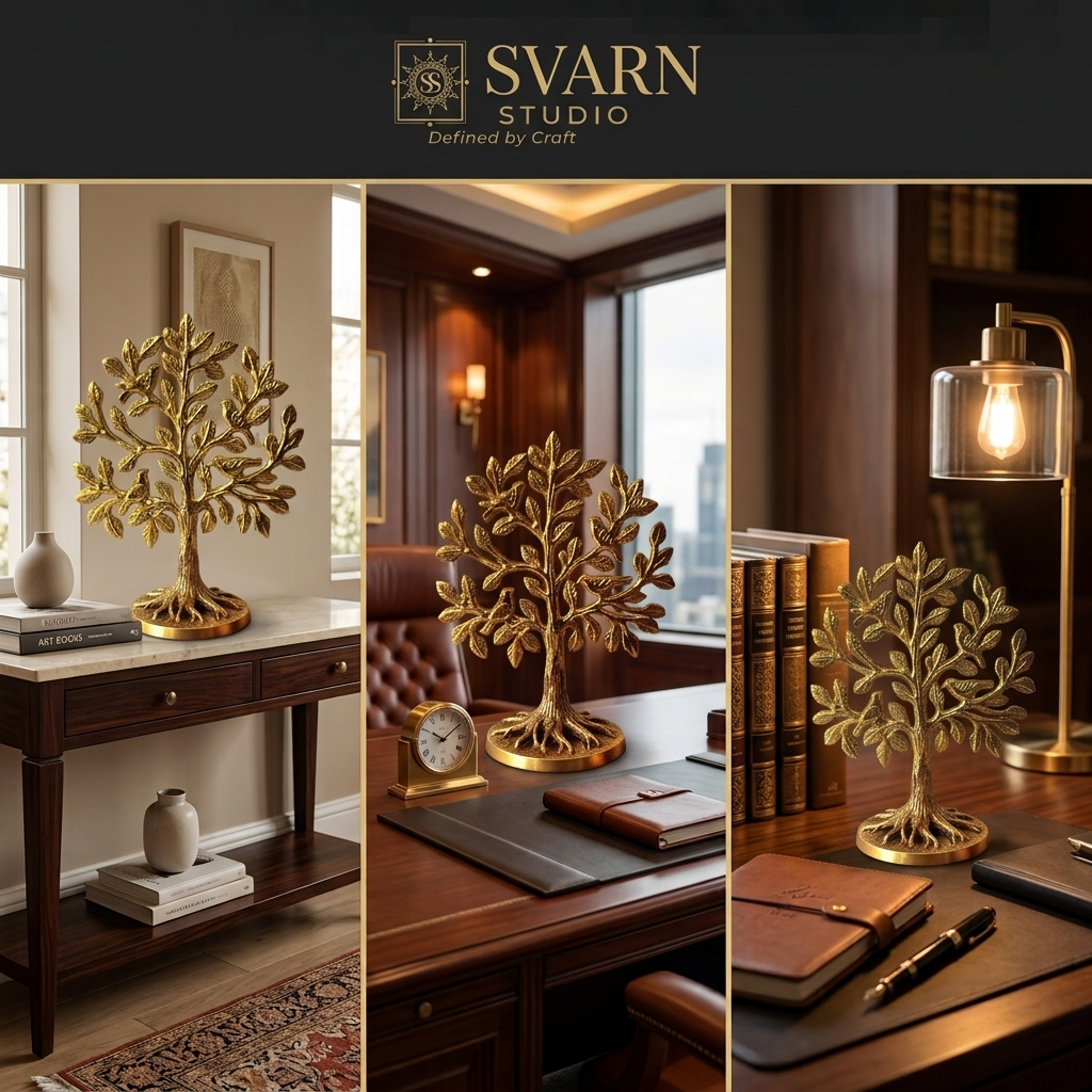 Svarn Studio Brass Tree of Life - Lifestyle on Marble Table, Office Desk and Study