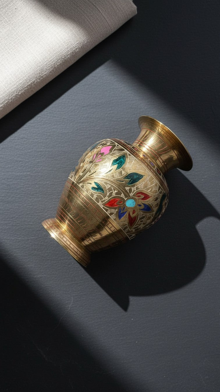 Pure Brass Meenakari Decorative Vase – Urn Shape | Handcrafted Enamel Floral Design | Svarn Studio