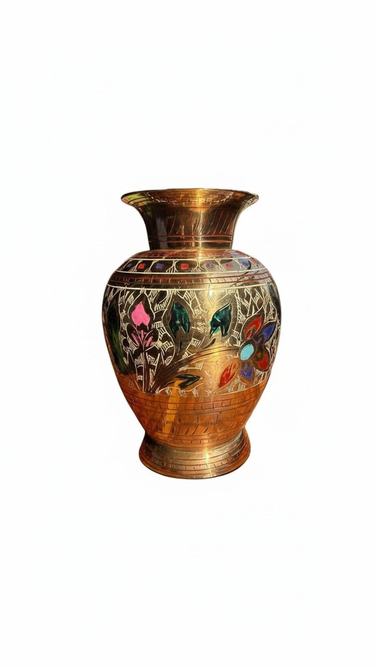 Pure Brass Meenakari Decorative Vase – Urn Shape | Handcrafted Enamel Floral Design | Svarn Studio
