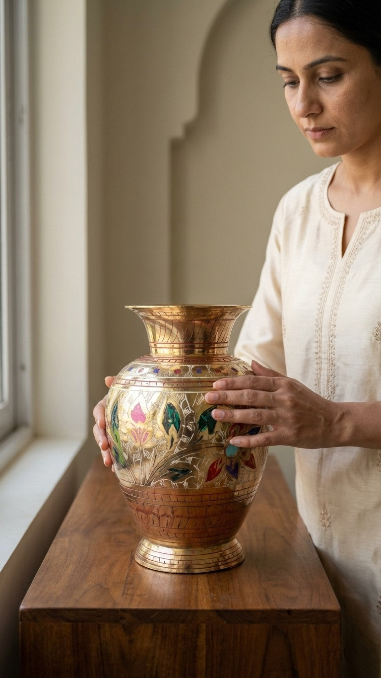 Pure Brass Meenakari Decorative Vase – Urn Shape | Handcrafted Enamel Floral Design | Svarn Studio