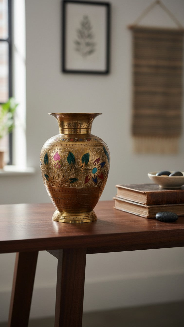 Pure Brass Meenakari Decorative Vase – Urn Shape | Handcrafted Enamel Floral Design | Svarn Studio
