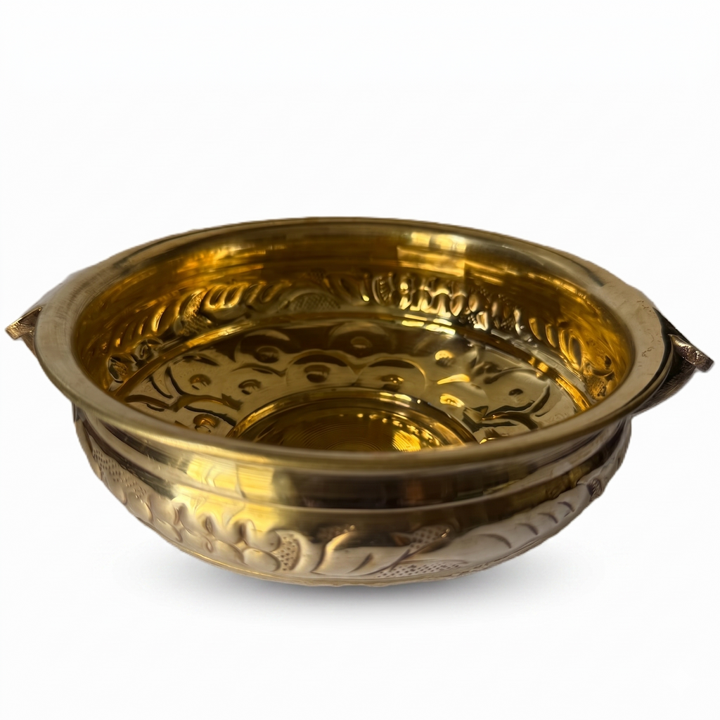 Svarn Studio Brass Urli Bowl, Traditional Kerala Style, Hand-Etched Floral & Fruit Motifs, Gold Finish, Sculpted Handles, 24 cm, Decorative Centrepiece