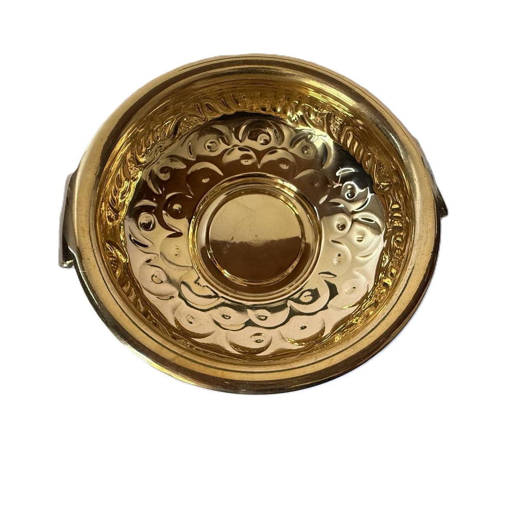 Svarn Studio Brass Urli Bowl, Traditional Kerala Style, Hand-Etched Floral & Fruit Motifs, Gold Finish, Sculpted Handles, 24 cm, Decorative Centrepiece