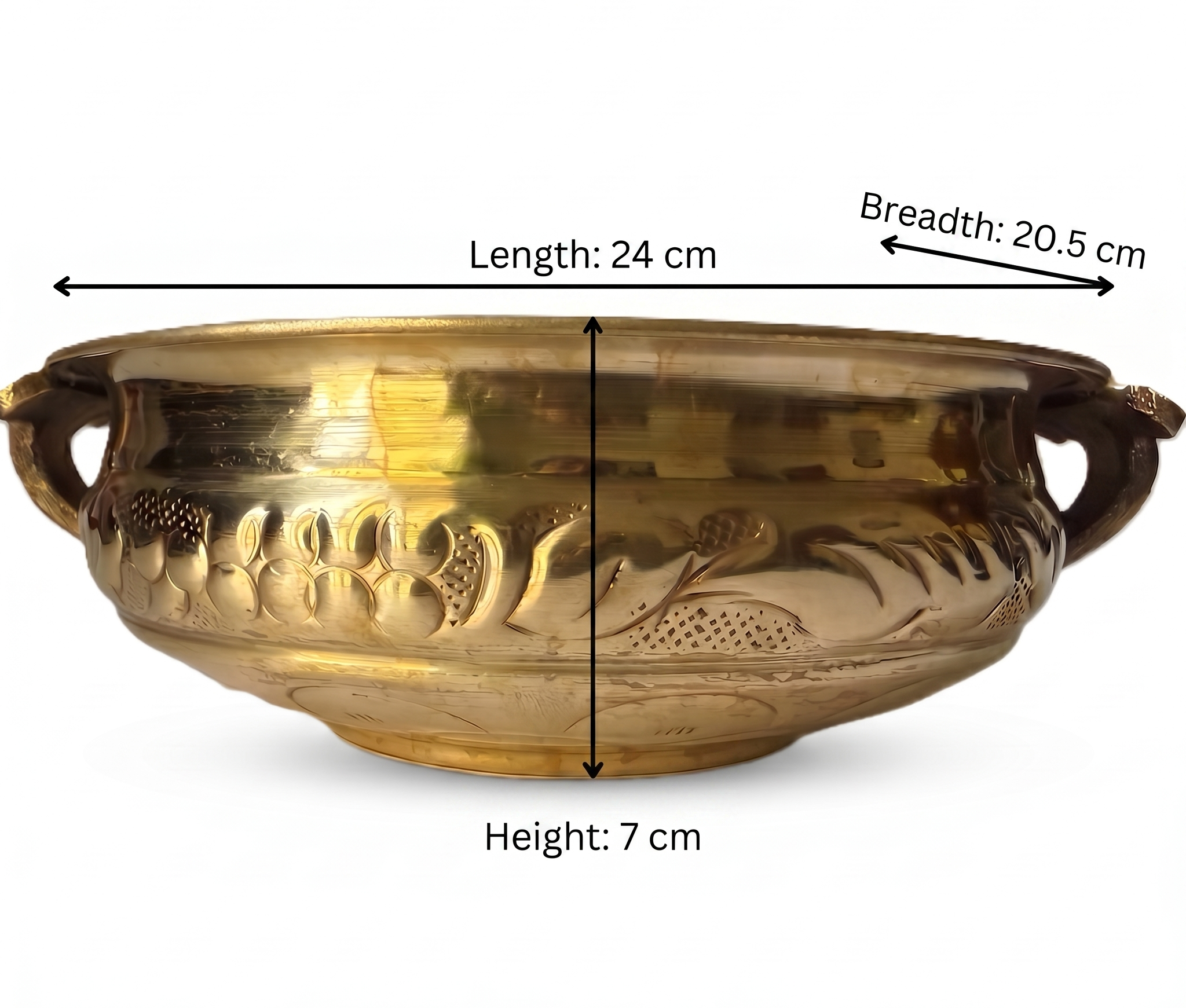 Svarn Studio Brass Urli Bowl, Traditional Kerala Style, Hand-Etched Floral & Fruit Motifs, Gold Finish, Sculpted Handles, 24 cm, Decorative Centrepiece