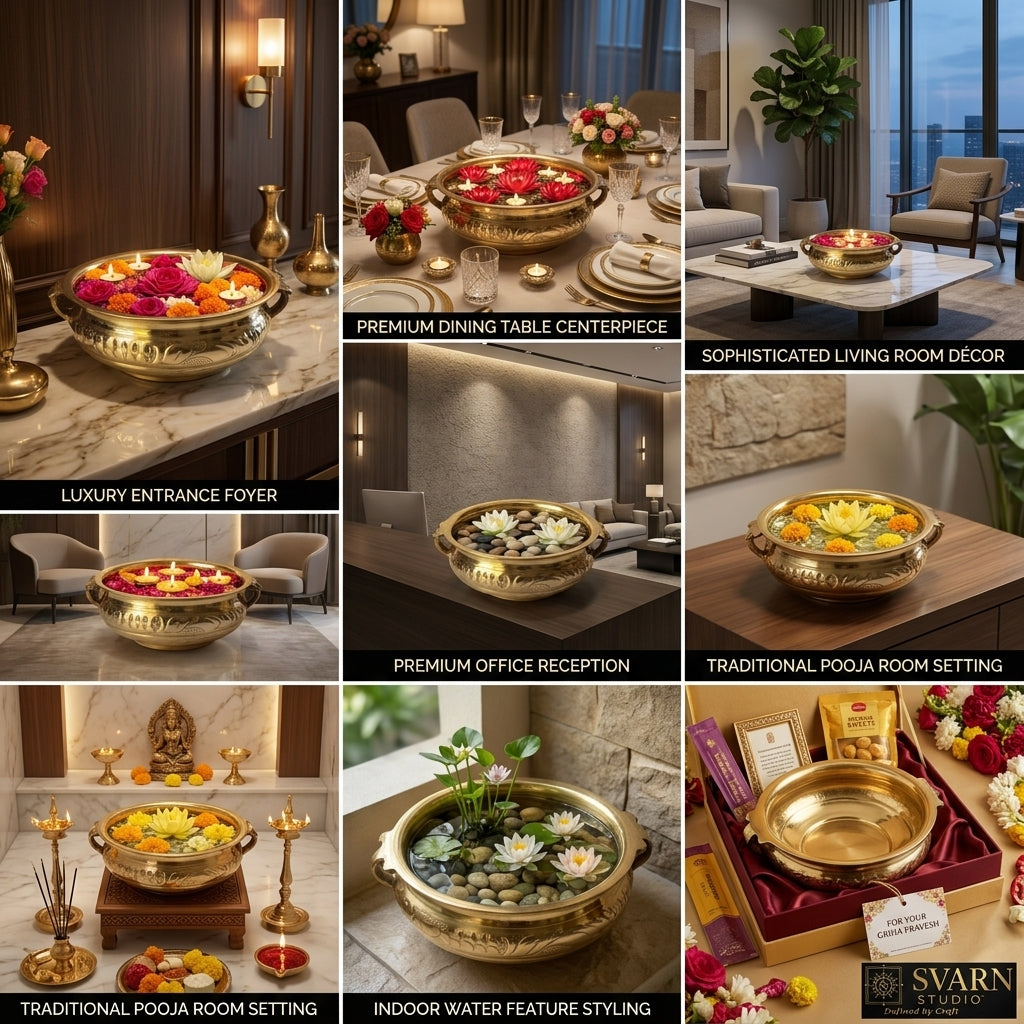 Svarn Studio Brass Urli Bowl, Traditional Kerala Style, Hand-Etched Floral & Fruit Motifs, Gold Finish, Sculpted Handles, 24 cm, Decorative Centrepiece
