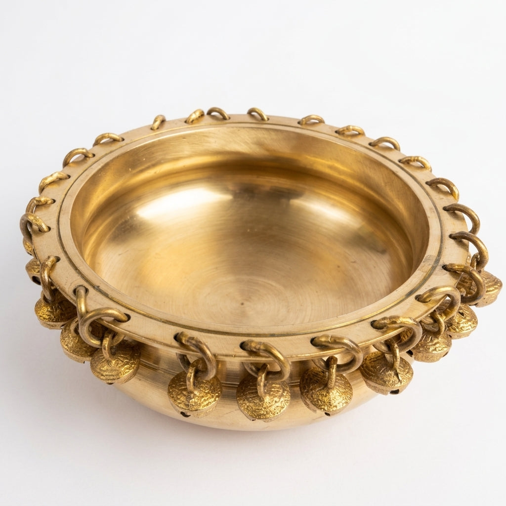 Svarn Studio Brass Urli with Ghungroo Bells | Gold Finish | Floating Flower Bowl