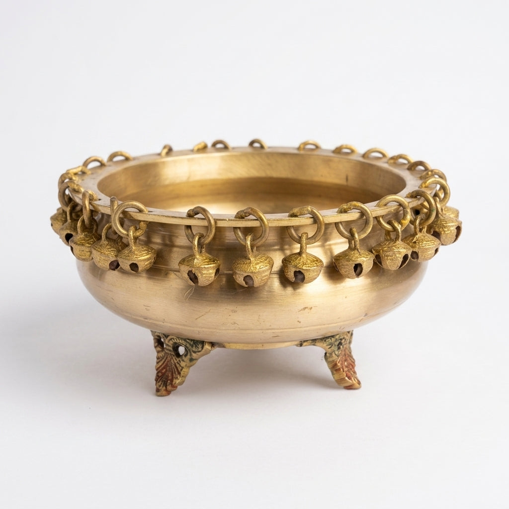 Svarn Studio Brass Urli with Ghungroo Bells | Gold Finish | Floating Flower Bowl
