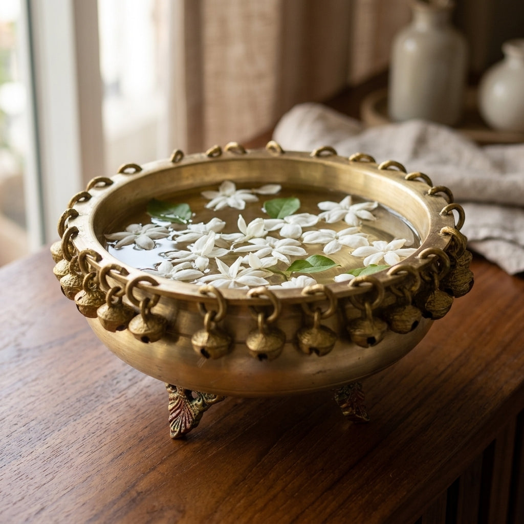 Svarn Studio Brass Urli with Ghungroo Bells | Gold Finish | Floating Flower Bowl