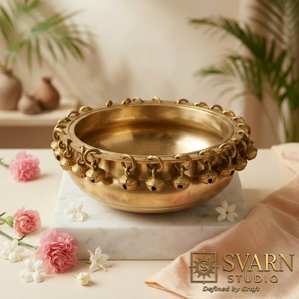 Svarn Studio Brass Urli with Ghungroo Bells | Gold Finish | Floating Flower Bowl