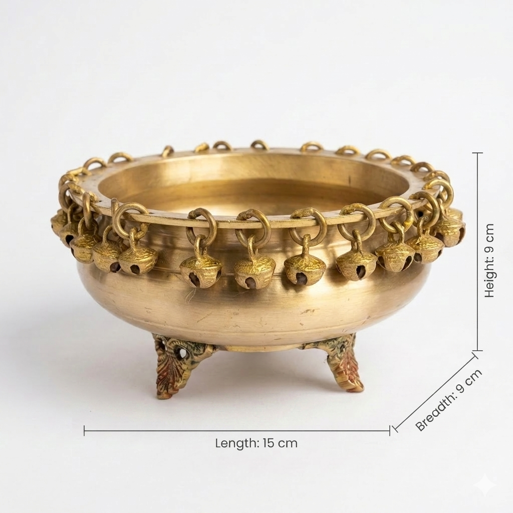 Svarn Studio Brass Urli with Ghungroo Bells | Gold Finish | Floating Flower Bowl