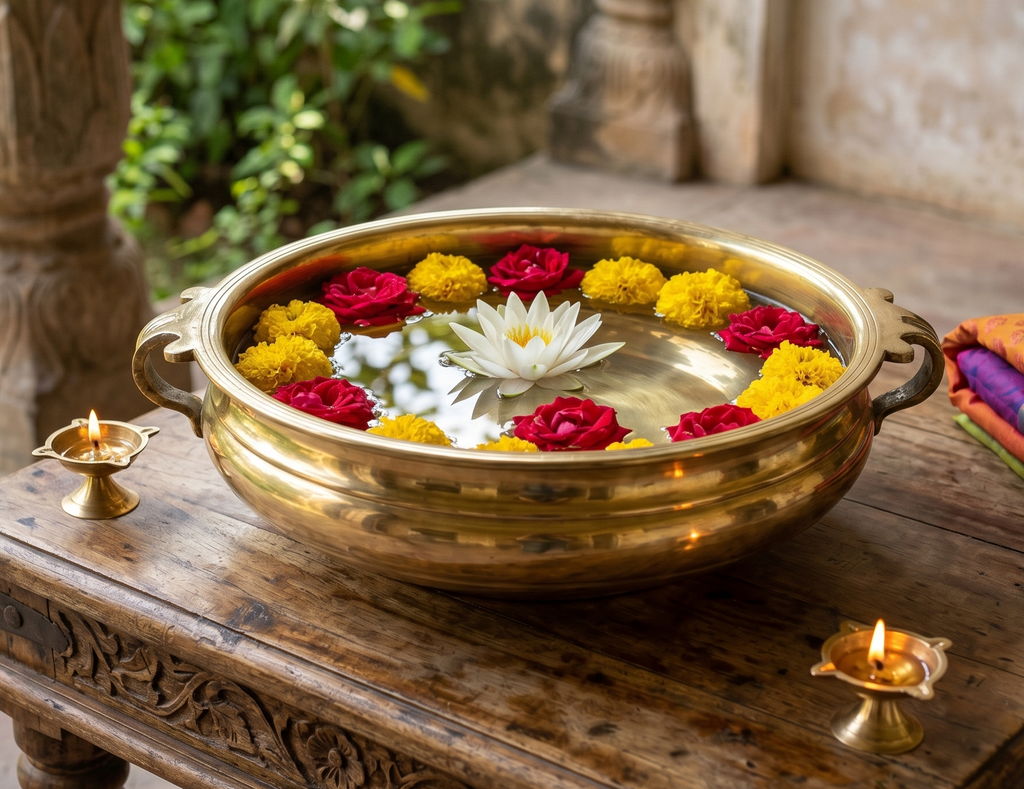 Svarn Studio Brass Urli Bowl, Traditional Kerala Style, Mirror Polish Finish, with Handles, 18.5 x 6 cm, for Home Décor & Puja Room