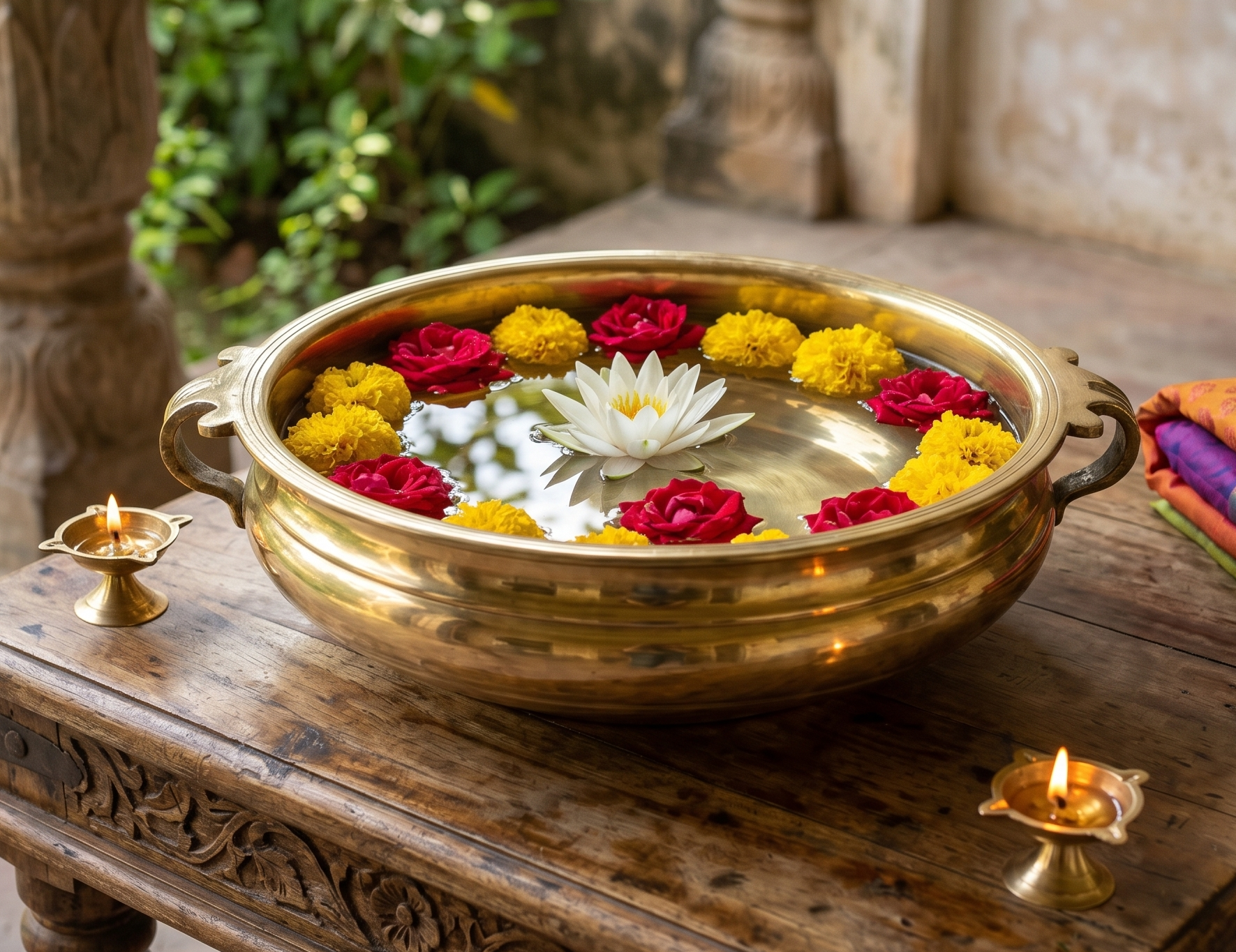 Svarn Studio Brass Urli Bowl, Traditional Kerala Style, Mirror Polish Finish, with Handles, 18.5 x 6 cm, for Home Décor & Puja Room