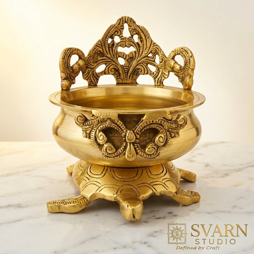 Svarn Studio Brass Designer Urli with Tortoise Base | Vastu Yantra | Antique Gold | 22 cm
