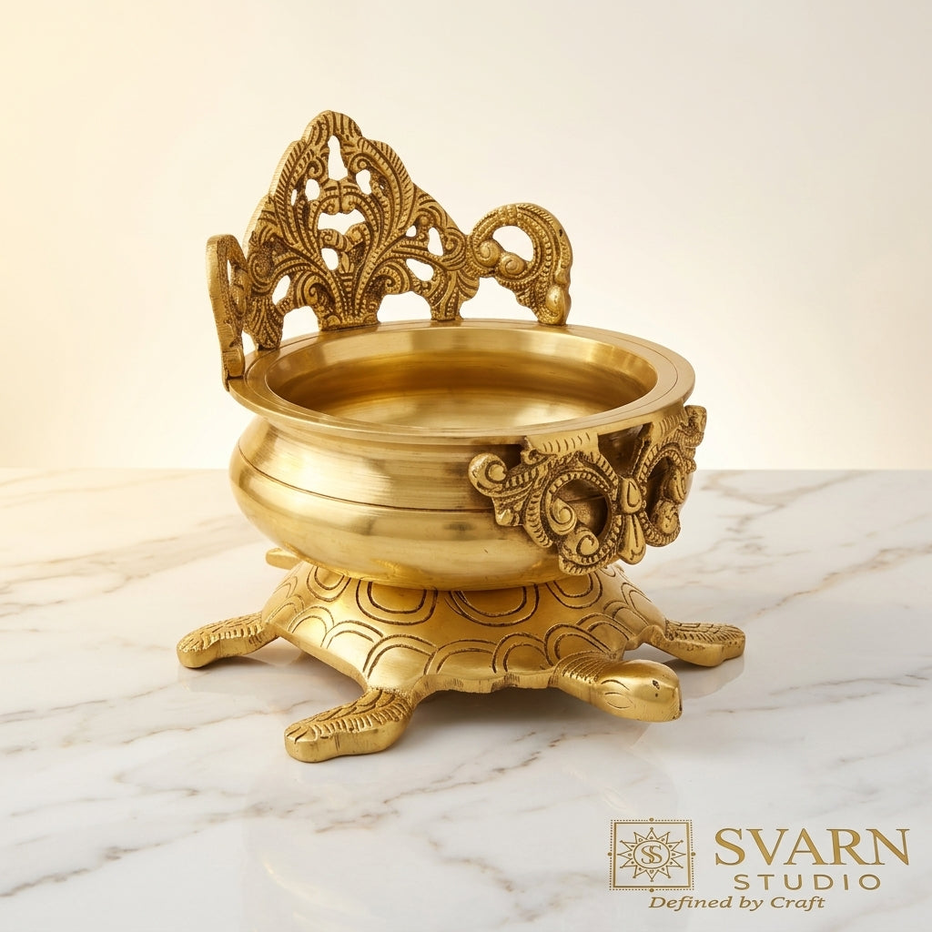 Svarn Studio Brass Designer Urli with Tortoise Base | Vastu Yantra | Antique Gold | 22 cm