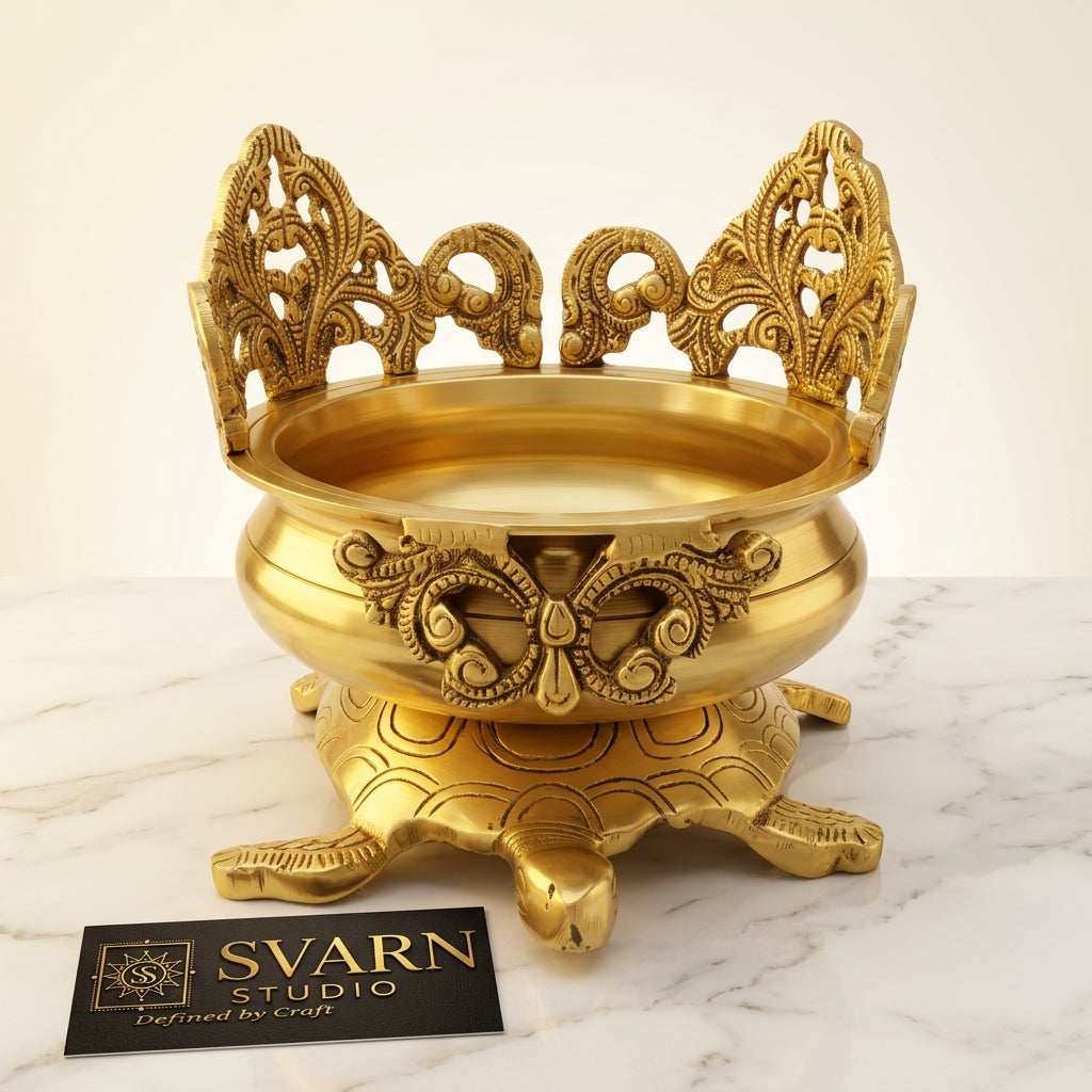 Svarn Studio Brass Designer Urli with Tortoise Base | Vastu Yantra | Antique Gold | 22 cm