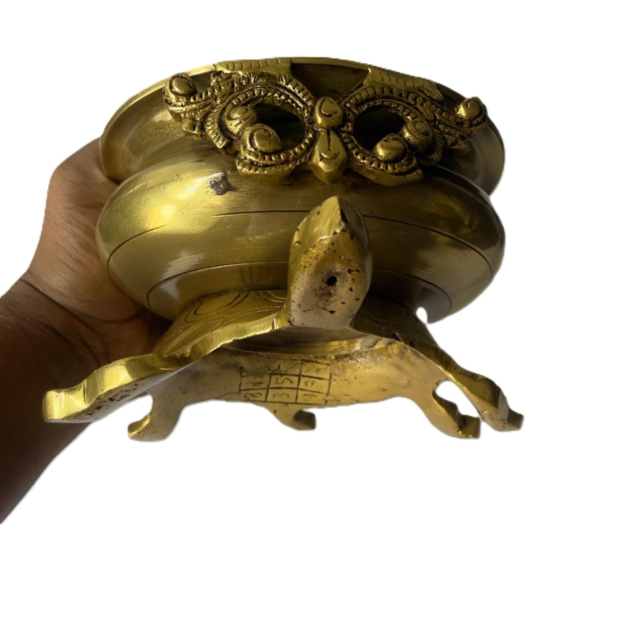 Svarn Studio Brass Designer Urli with Tortoise Base | Vastu Yantra | Antique Gold | 22 cm