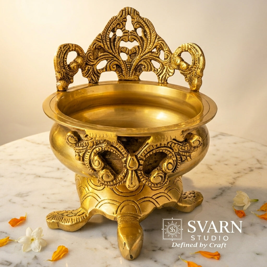 Svarn Studio Brass Designer Urli with Tortoise Base | Vastu Yantra | Antique Gold | 22 cm