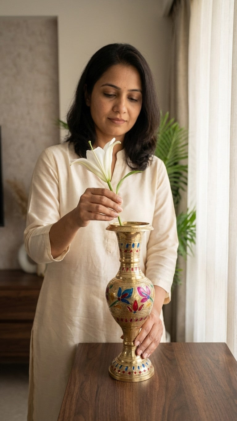 Pure Brass Meenakari Floor Vase – Floral Crown | Handcrafted Decorative Vase | Svarn Studio