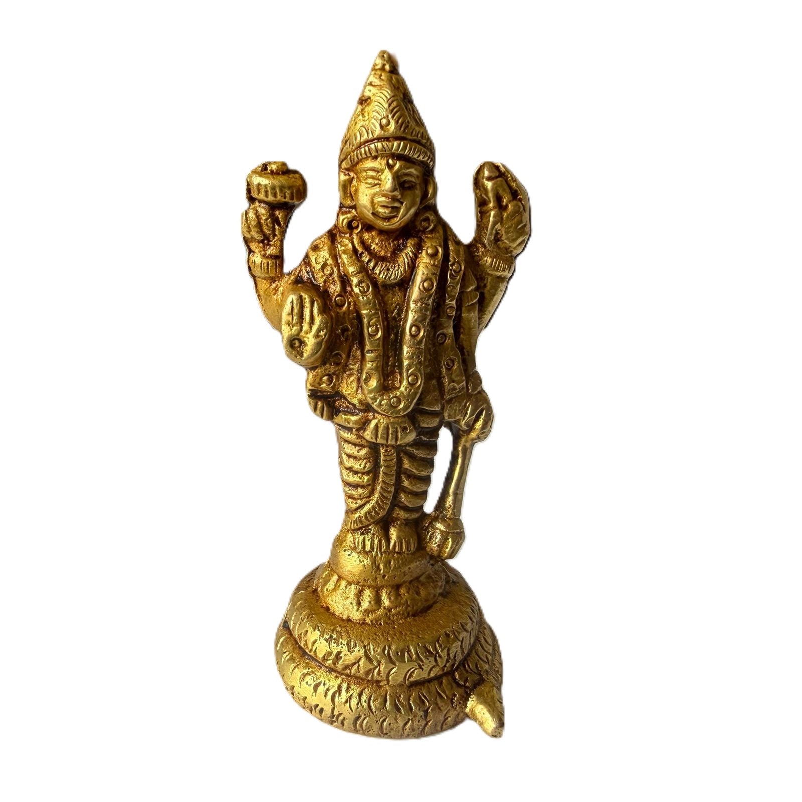 Svarn Studio Brass Lord Vishnu Idol Standing on Sheshnag Base | Four-Armed Vishnu Murti with Chakra, Shankha, Gada & Abhaya Mudra | Handcrafted Puja Statue | 8 cm Height | Home Temple & Gift Decor