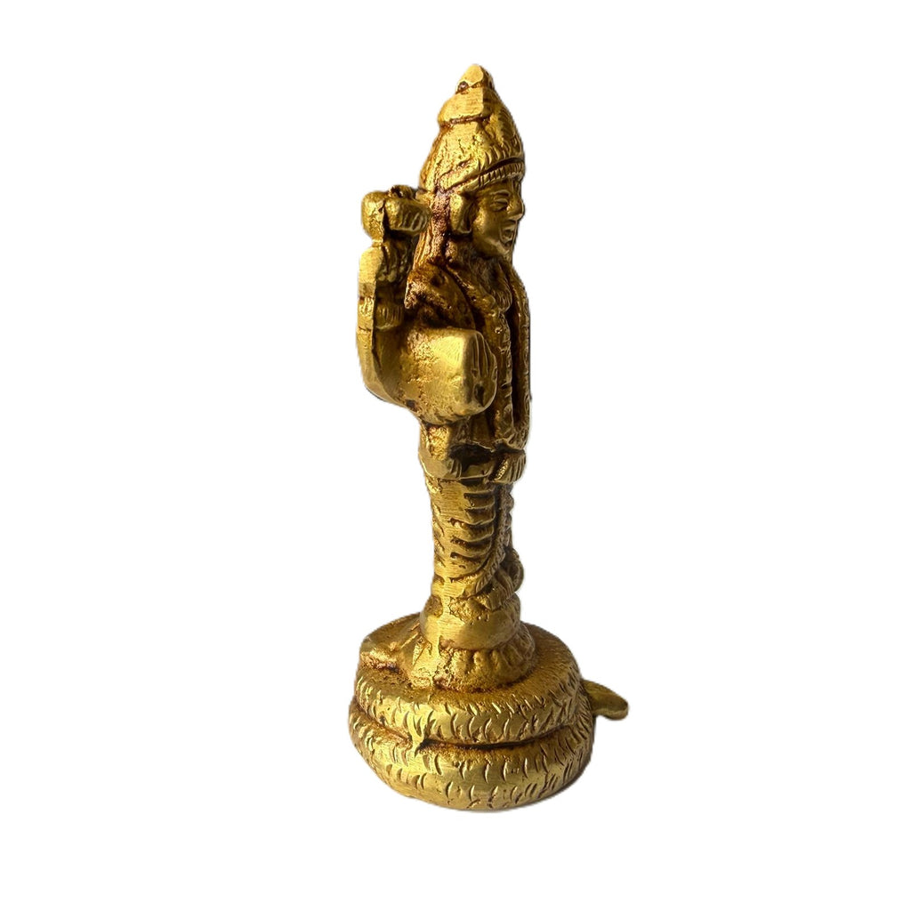Svarn Studio Brass Lord Vishnu Idol Standing on Sheshnag Base | Four-Armed Vishnu Murti with Chakra, Shankha, Gada & Abhaya Mudra | Handcrafted Puja Statue | 8 cm Height | Home Temple & Gift Decor
