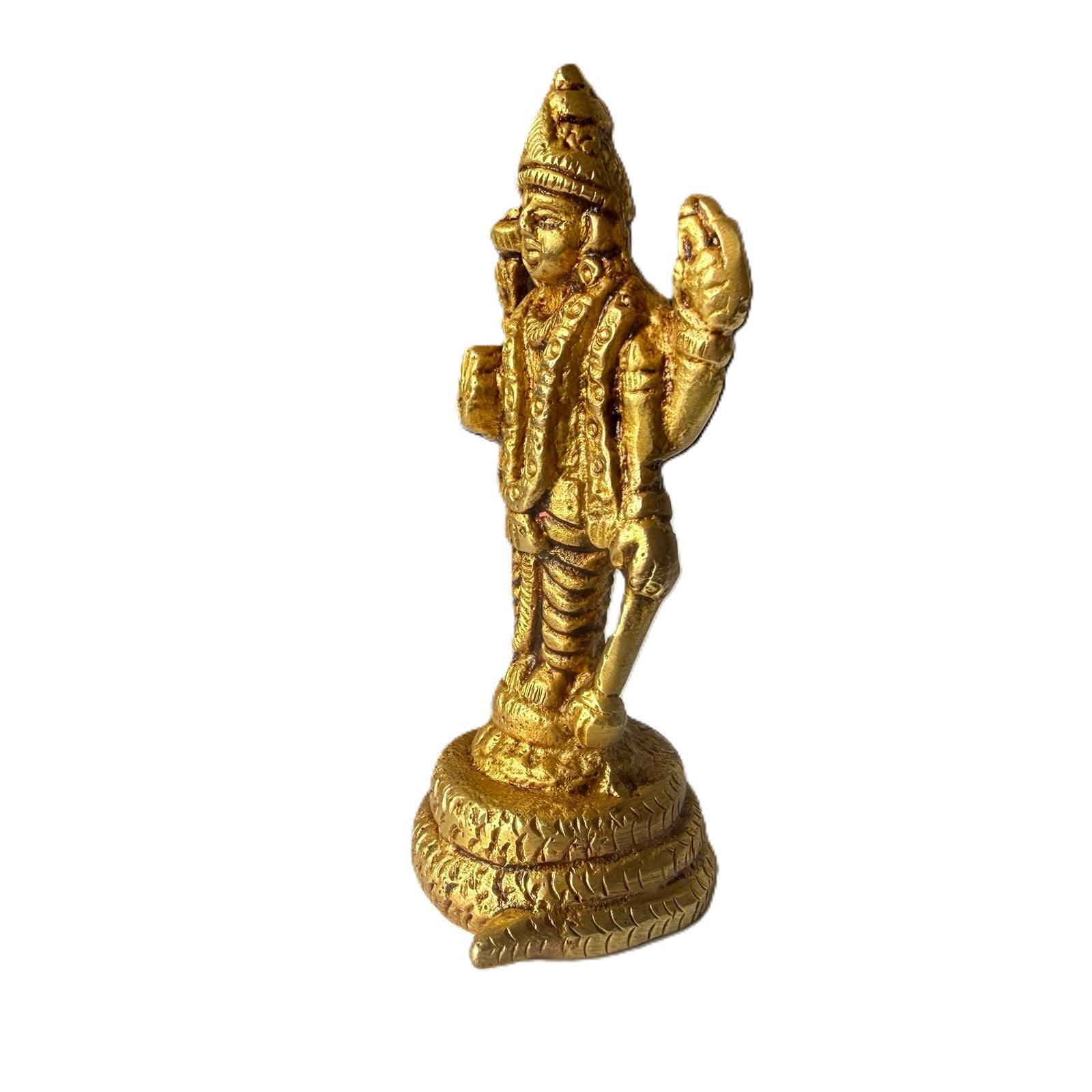Svarn Studio Brass Lord Vishnu Idol Standing on Sheshnag Base | Four-Armed Vishnu Murti with Chakra, Shankha, Gada & Abhaya Mudra | Handcrafted Puja Statue | 8 cm Height | Home Temple & Gift Decor