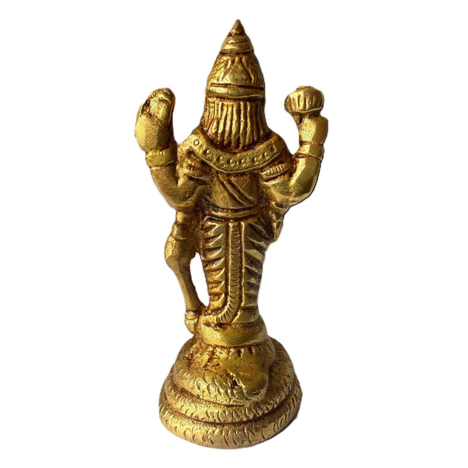 Svarn Studio Brass Lord Vishnu Idol Standing on Sheshnag Base | Four-Armed Vishnu Murti with Chakra, Shankha, Gada & Abhaya Mudra | Handcrafted Puja Statue | 8 cm Height | Home Temple & Gift Decor