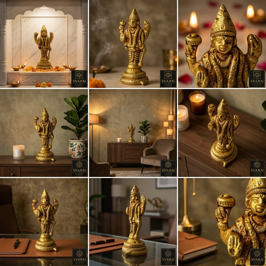 Svarn Studio Brass Lord Vishnu Idol Standing on Sheshnag Base | Four-Armed Vishnu Murti with Chakra, Shankha, Gada & Abhaya Mudra | Handcrafted Puja Statue | 8 cm Height | Home Temple & Gift Decor