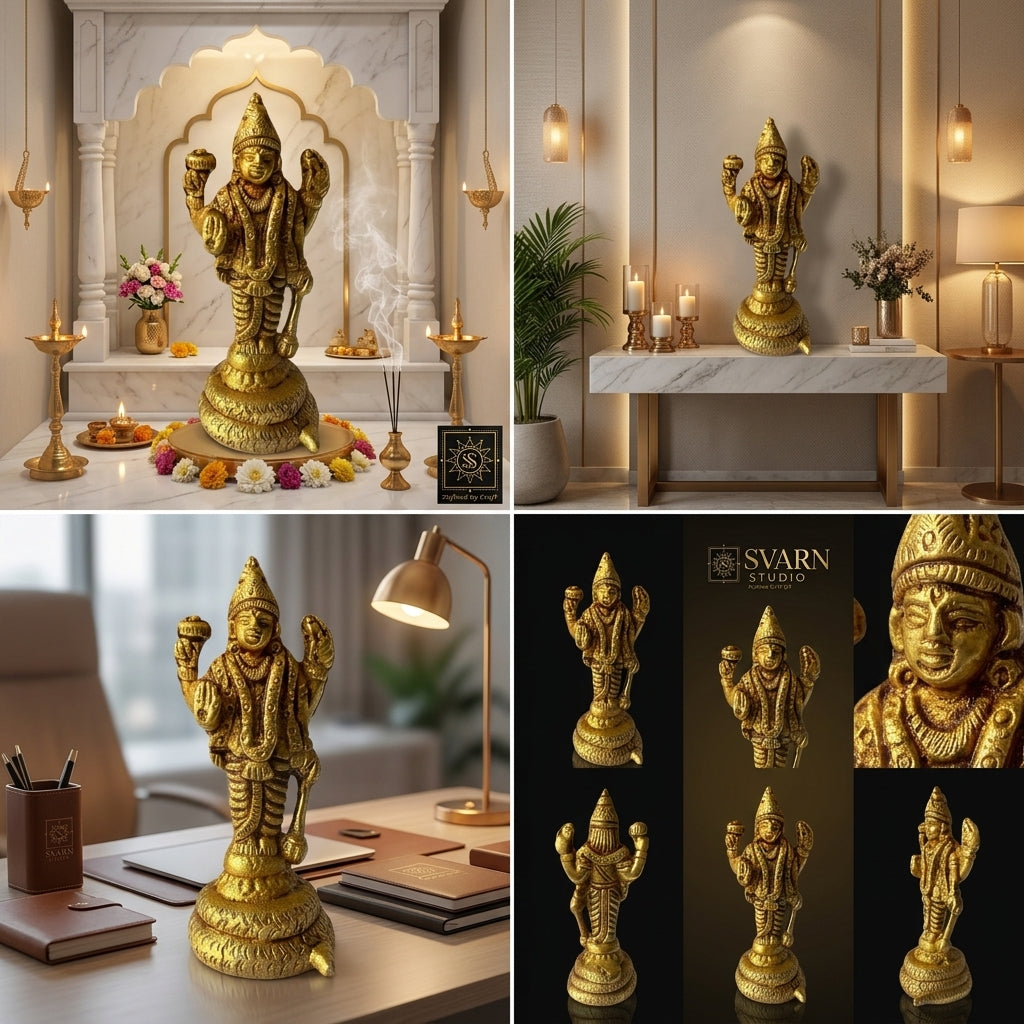 Svarn Studio Brass Lord Vishnu Idol Standing on Sheshnag Base | Four-Armed Vishnu Murti with Chakra, Shankha, Gada & Abhaya Mudra | Handcrafted Puja Statue | 8 cm Height | Home Temple & Gift Decor