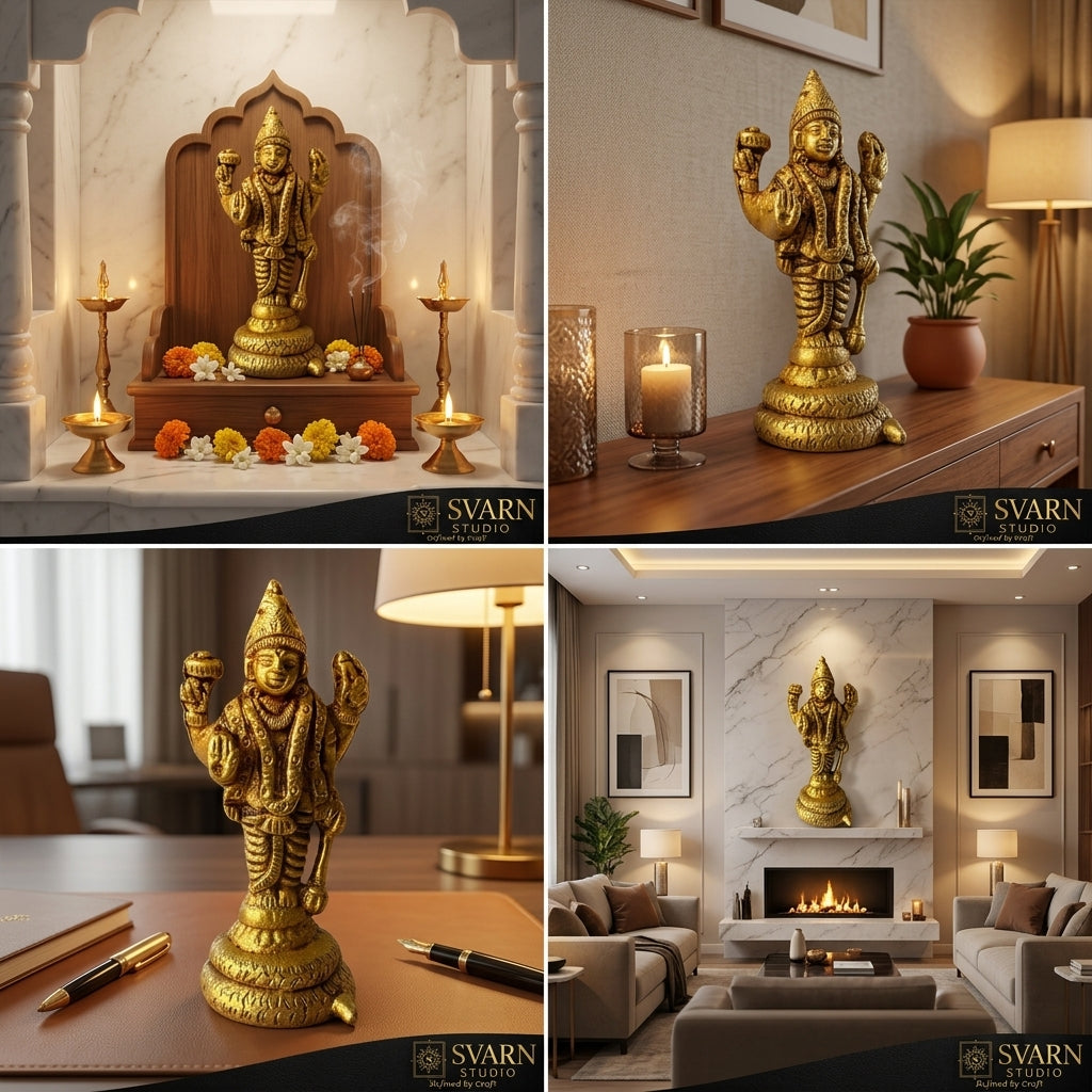 Svarn Studio Brass Lord Vishnu Idol Standing on Sheshnag Base | Four-Armed Vishnu Murti with Chakra, Shankha, Gada & Abhaya Mudra | Handcrafted Puja Statue | 8 cm Height | Home Temple & Gift Decor