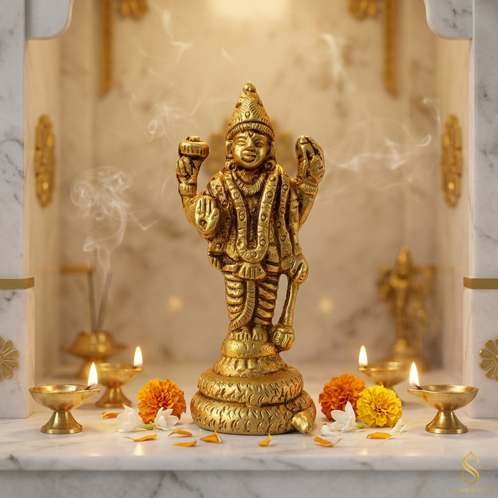 Svarn Studio Brass Lord Vishnu Idol Standing on Sheshnag Base | Four-Armed Vishnu Murti with Chakra, Shankha, Gada & Abhaya Mudra | Handcrafted Puja Statue | 8 cm Height | Home Temple & Gift Decor
