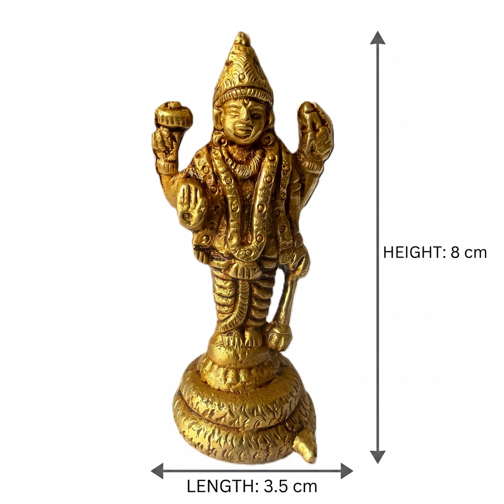 Svarn Studio Brass Lord Vishnu Idol Standing on Sheshnag Base | Four-Armed Vishnu Murti with Chakra, Shankha, Gada & Abhaya Mudra | Handcrafted Puja Statue | 8 cm Height | Home Temple & Gift Decor