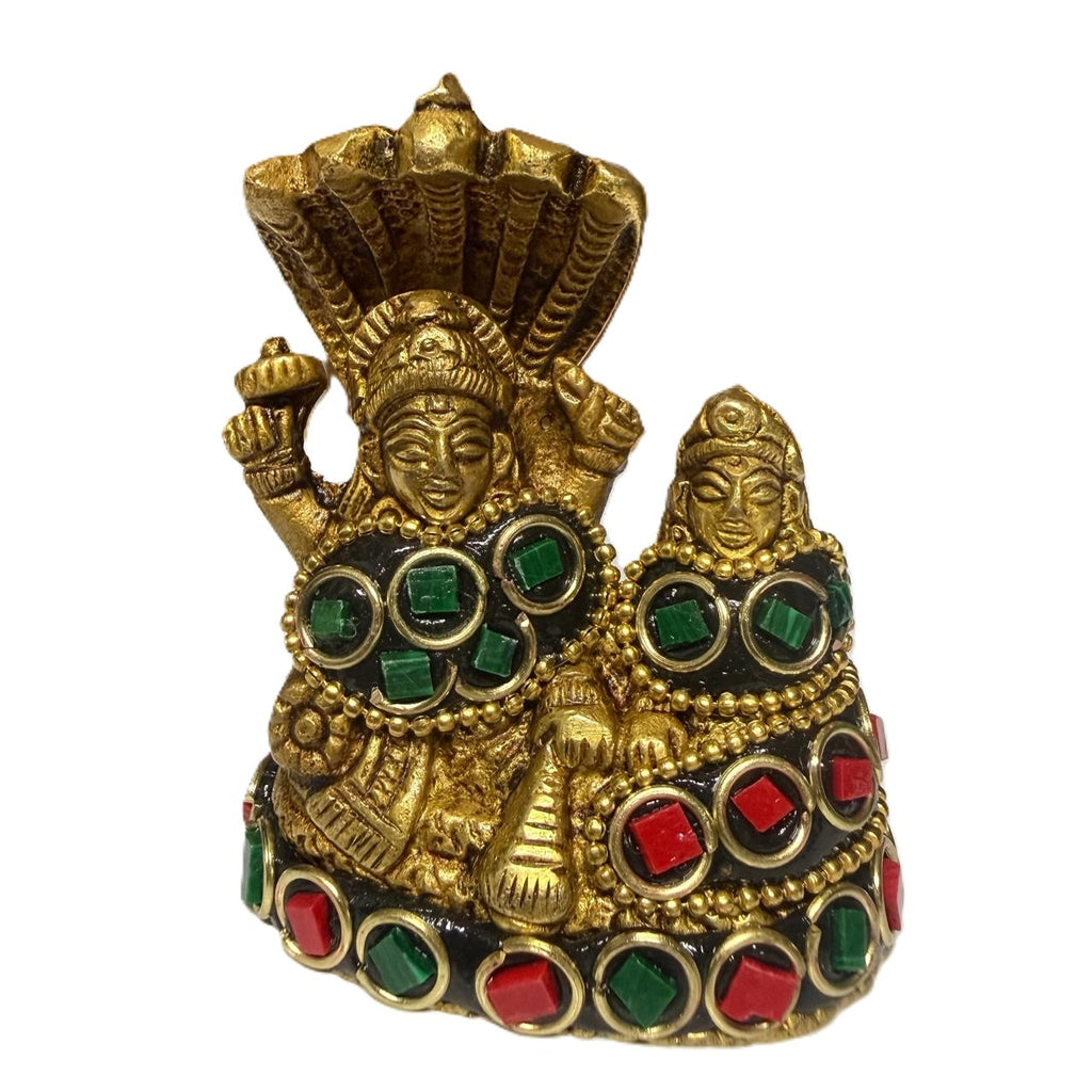 Svarn Studio Vishnu Lakshmi Brass Idol, Gold Finish, Red & Green Gemstone Work, Shesha Naga Canopy, 6x7 cm, Home Temple Décor