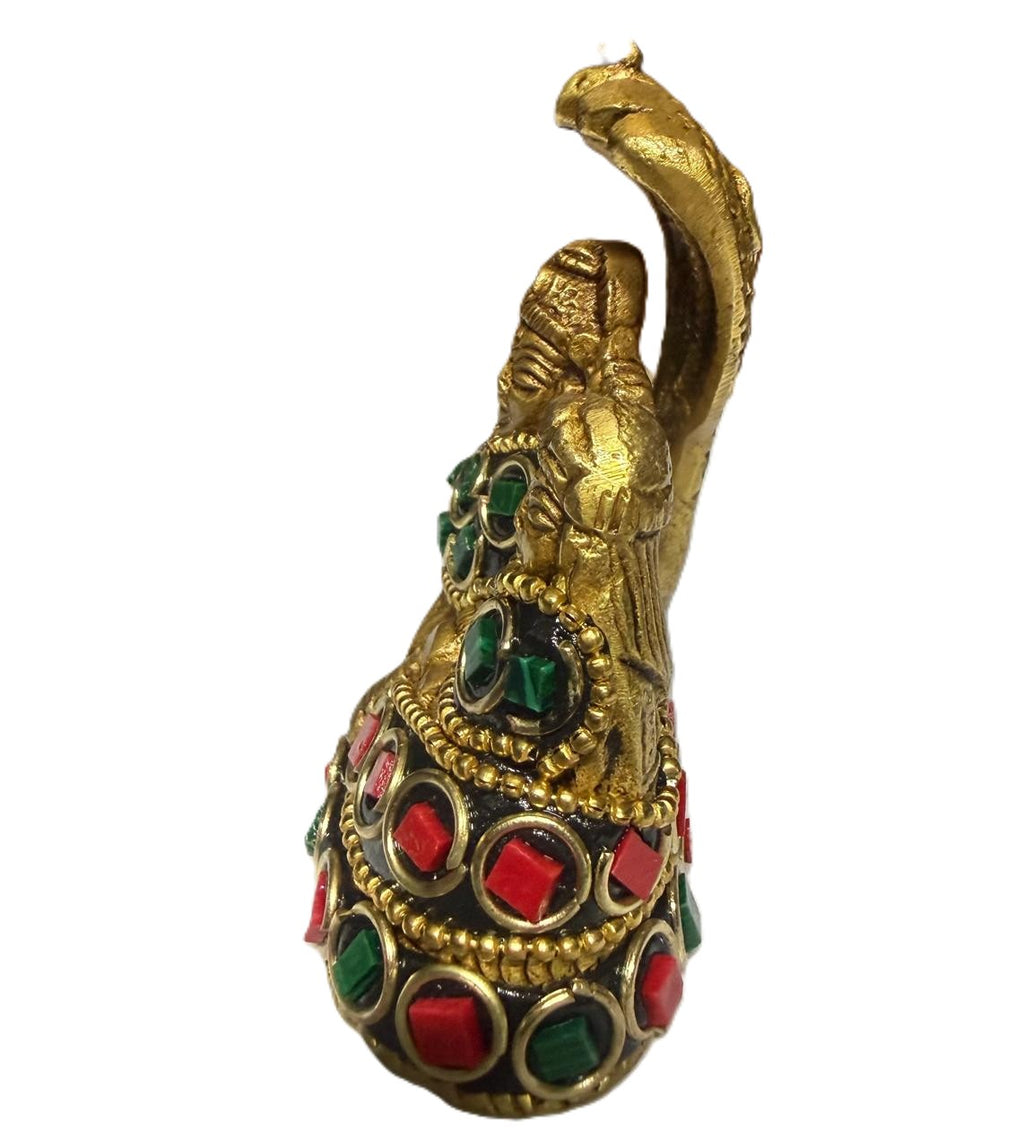 Svarn Studio Vishnu Lakshmi Brass Idol, Gold Finish, Red & Green Gemstone Work, Shesha Naga Canopy, 6x7 cm, Home Temple Décor