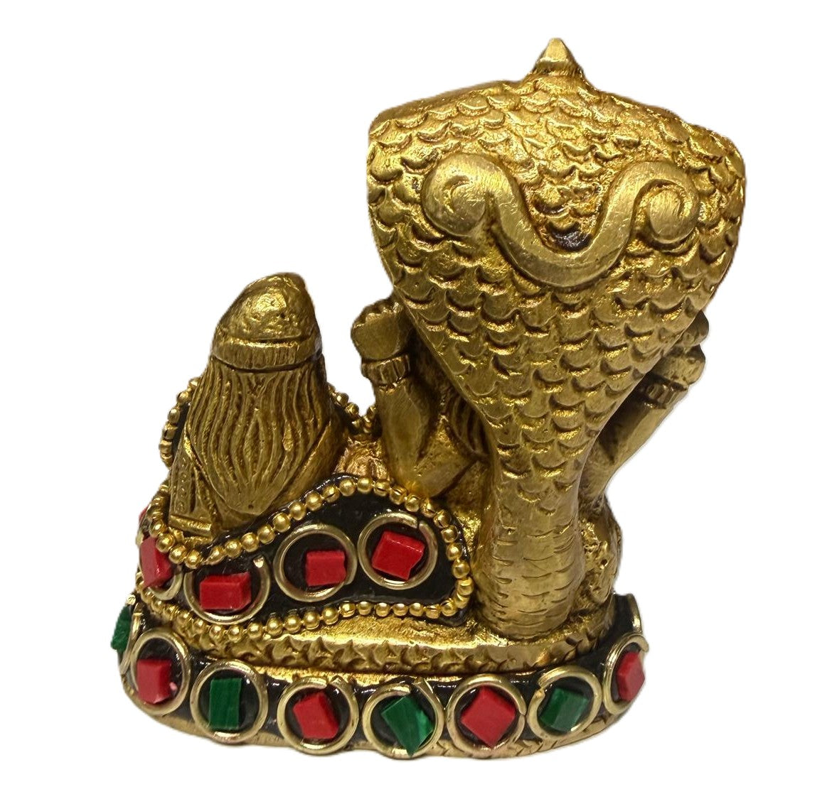 Svarn Studio Vishnu Lakshmi Brass Idol, Gold Finish, Red & Green Gemstone Work, Shesha Naga Canopy, 6x7 cm, Home Temple Décor